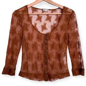 Free People Brown Sheer Floral Scoop Neck Y2K Fairy Crop Top Women's Size S